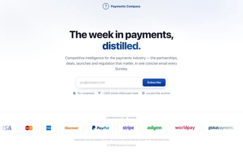 Payments Compass landing page: the week in payments, distilled